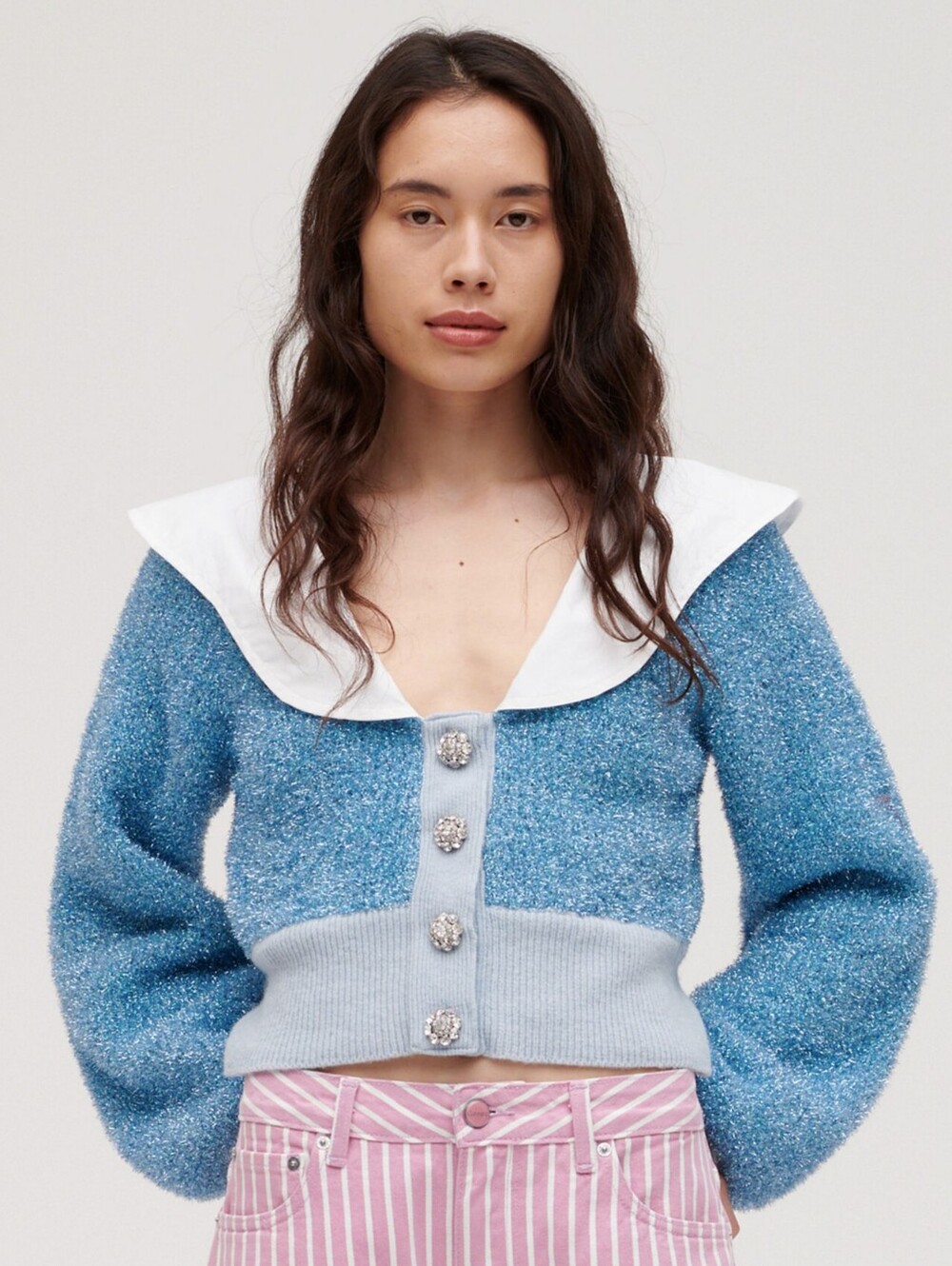 Ganni Blue Knit Poplin Collar Sparkle Cardigan